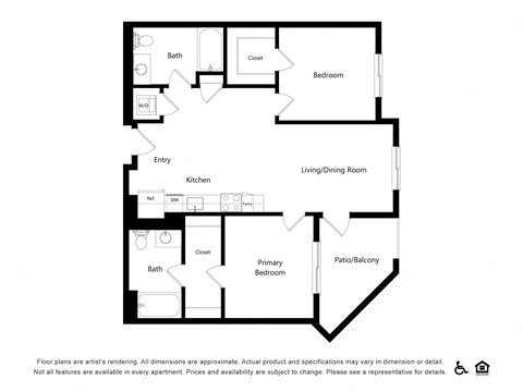 Floor plan for 2 beds, 2 baths, 966 sqft